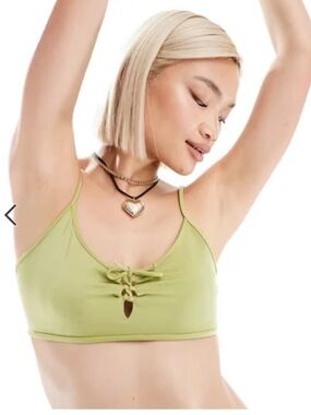Monki Light Lime Lace-Up Bikini Top